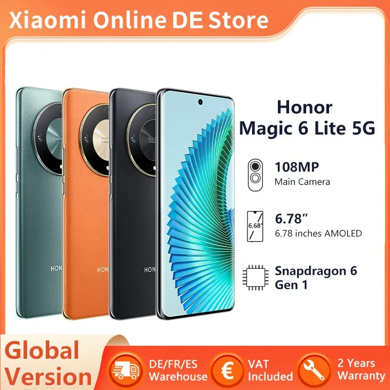 Smartphone HONOR-Magic 6 Lite 5G, Versão Global, Carregamento Rápido, 6,78 ", Tela Super Clara, Câmera de 108MP, Snapdragon 6, Gen 1