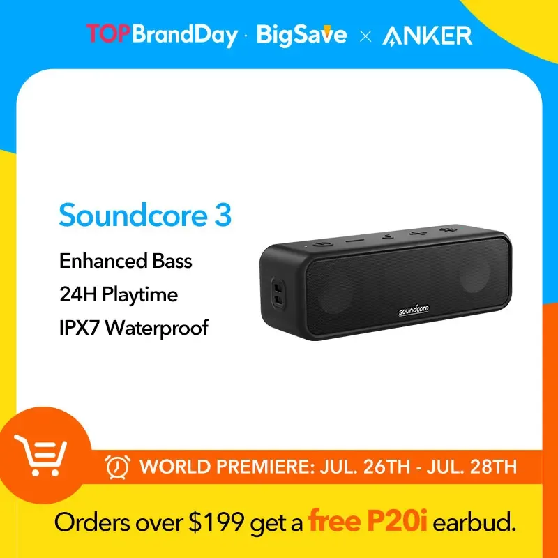 Soundcore by Anker, Soundcore 3 caixa de som bluetooth com som estéreo, drivers de diafragma de titânio puro, tecnologia PartyCast, BassUp, 24 horas de som sem recarregar