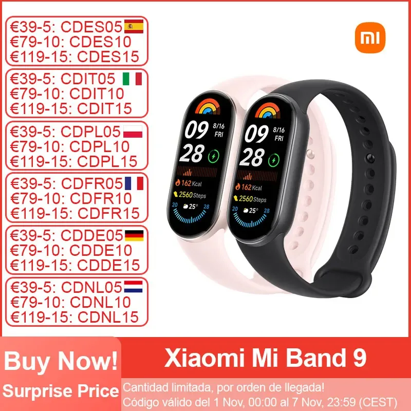 Xiaomi-Mi Band 9 Pulseira Inteligente, Tela AMOLED 1.62 ", Monitoramento da Freqüência Cardíaca Oxigênio no Sangue, BT5.4, 150 + Modos Esportivos