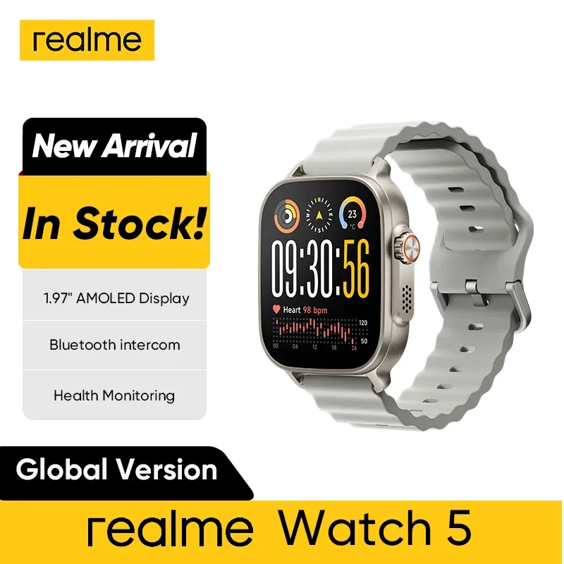 Versão global realme watch 5 1.97 "600nits AMOLED 460mAh Bateria de 14 dias com mais de 300 temas Suporte GPS GNSS IP68 à prova d'água