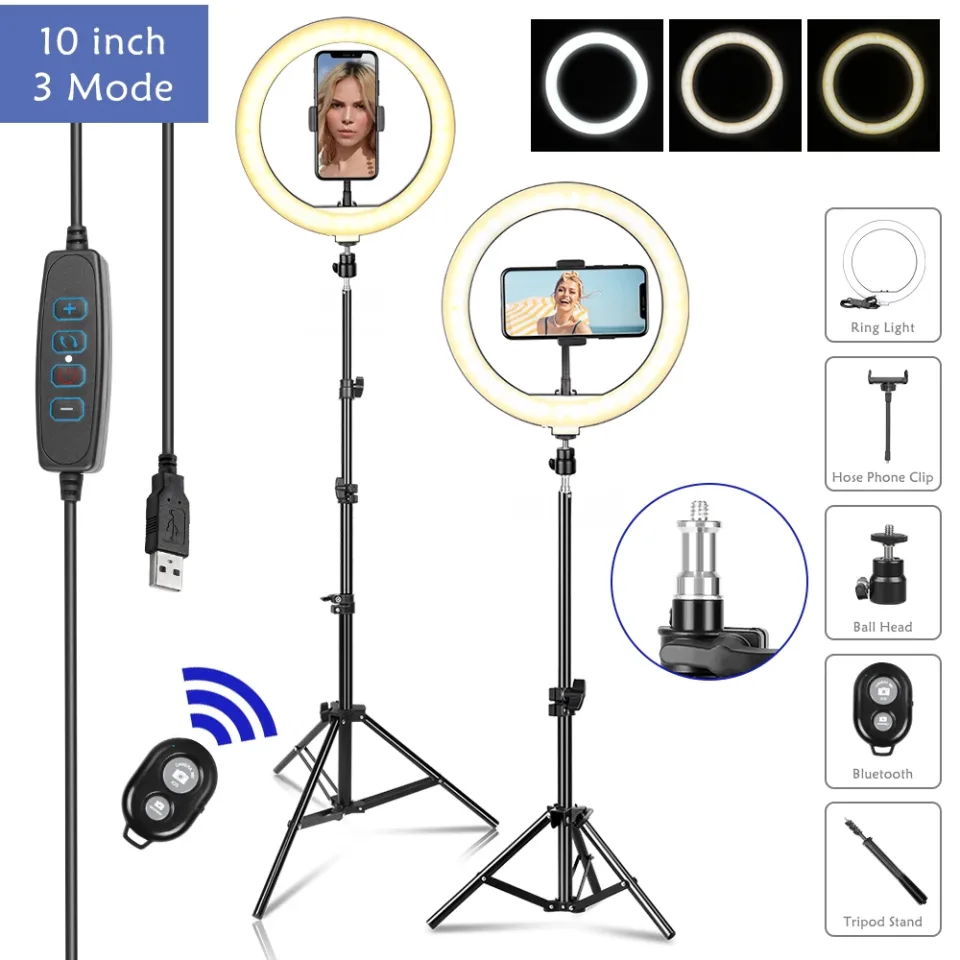SH-Fotografia LED Ring Light com tripé, preencher a iluminação, stand titular, carga USB, lâmpada selfie, streaming de vídeo, 10 ", 26cm