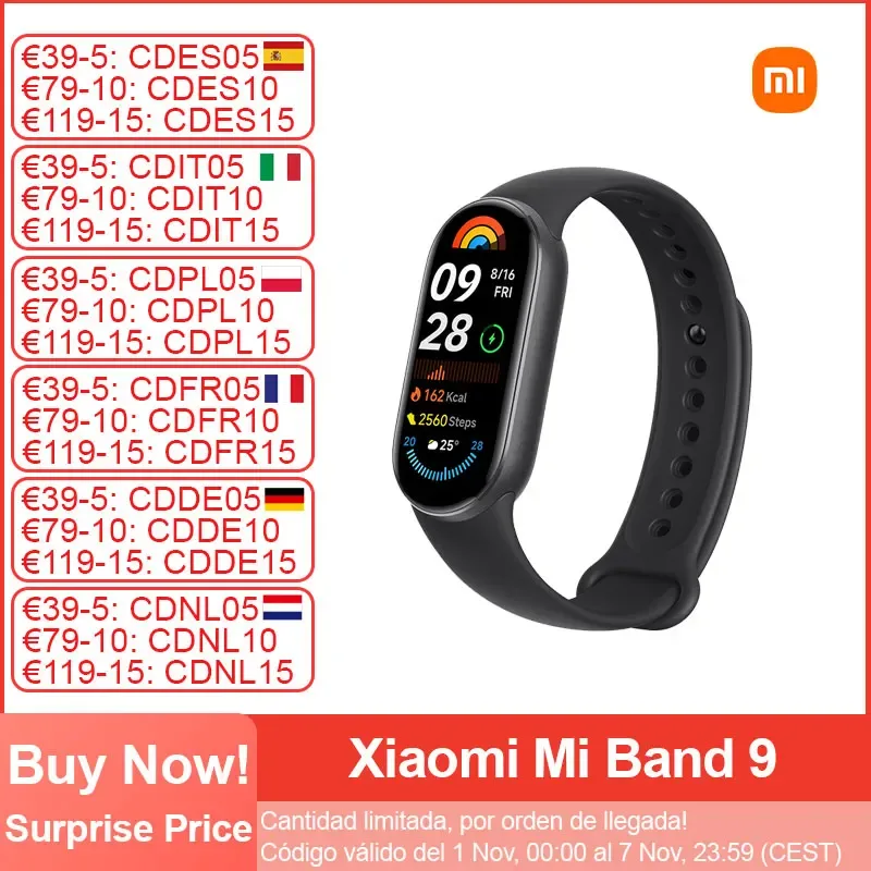Xiaomi-Mi Band 9 Pulseira Inteligente, Tela AMOLED 1.62 ", Rastreador de oxigênio no sangue, 150 + modos esportivos, BT5.4, Novo, 2024