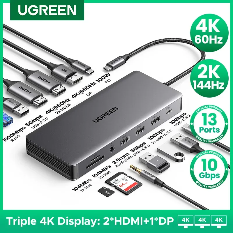 UGREEN 13 em 1 USB-C HUB Display Triplo 4K Dual HDMI DP 10Gbps USB3.2 PD100W Estação de encaixe SD/TF para MacBook Pro Air Dell XPS