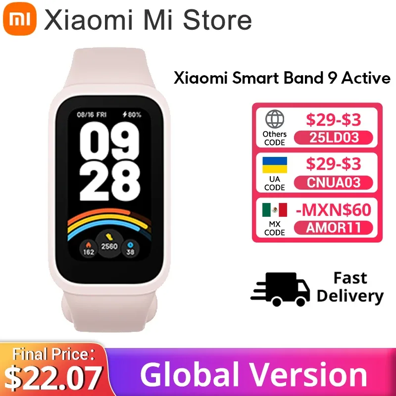 Versão Global Xiaomi Smart Band 9 Active Modos de vida útil da bateria ativa de 18 dias 1,47 ''Display 5ATM Monitoramento de saúde e fitness durante todo o dia