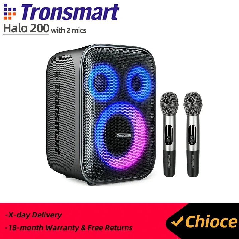 Tronsmart-Altifalante Halo 200 com 2 Microfones, Altifalante de Festa, Sistema de Som de 3 Vias, Microfone com Fio, Entrada de Guitarra, Controlo App
