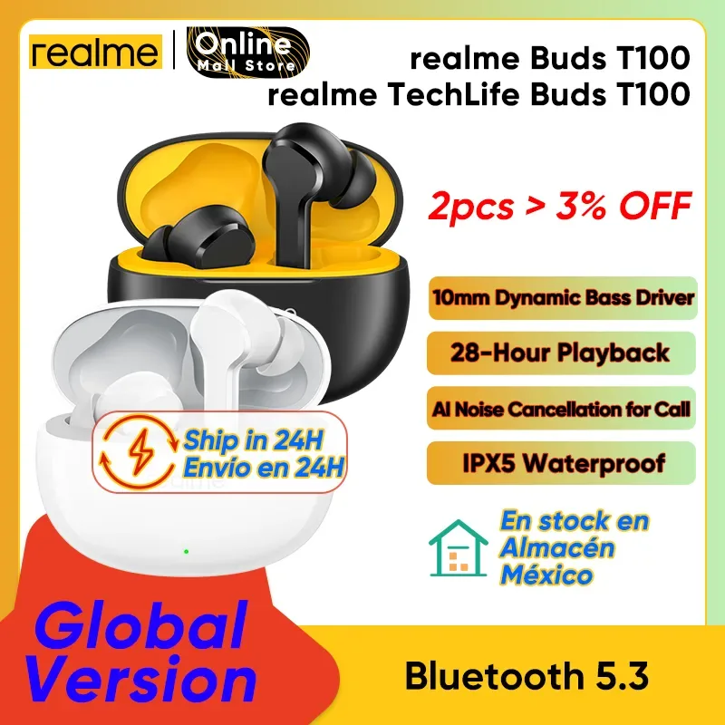 Realme botões t100 ai enc chamada cancelamento de ruído 88ms ultra-baixa latência 10mm graves grande bobina dinâmica inteligente fone de ouvido