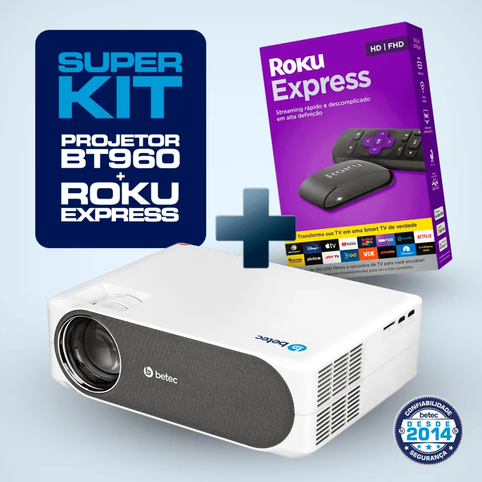 KIT PROJETOR BETEC BT960 3800 LUMENS + ROKU EXPRESS SMART