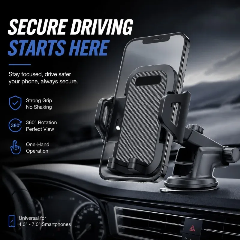Suporte para Telefone de Carro 2 em 1 | Suporte de Sucção com Braço Longo | Suporte de Clipe para Ventilação de Ar | Suporte para Telefone Mãos Livres | Suporte Universal para Celular para Carros