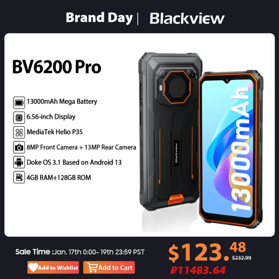 Blackview-BV6200 Pro Smartphone Robusto, Celular NFC, Android 13, 6,56 ", Helio P35, 4GB + 128GB, 13000mAh, Carga Rápida 18W