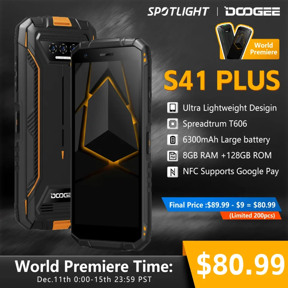 DOOGEE-S41 PLUS Telefone Robusto, Bateria Robusta, Câmera Android 13MP, NFC, Android 13, 4GB, 128GB, 6300mAh, 5.5 "IPS Display, Estreia Mundial
