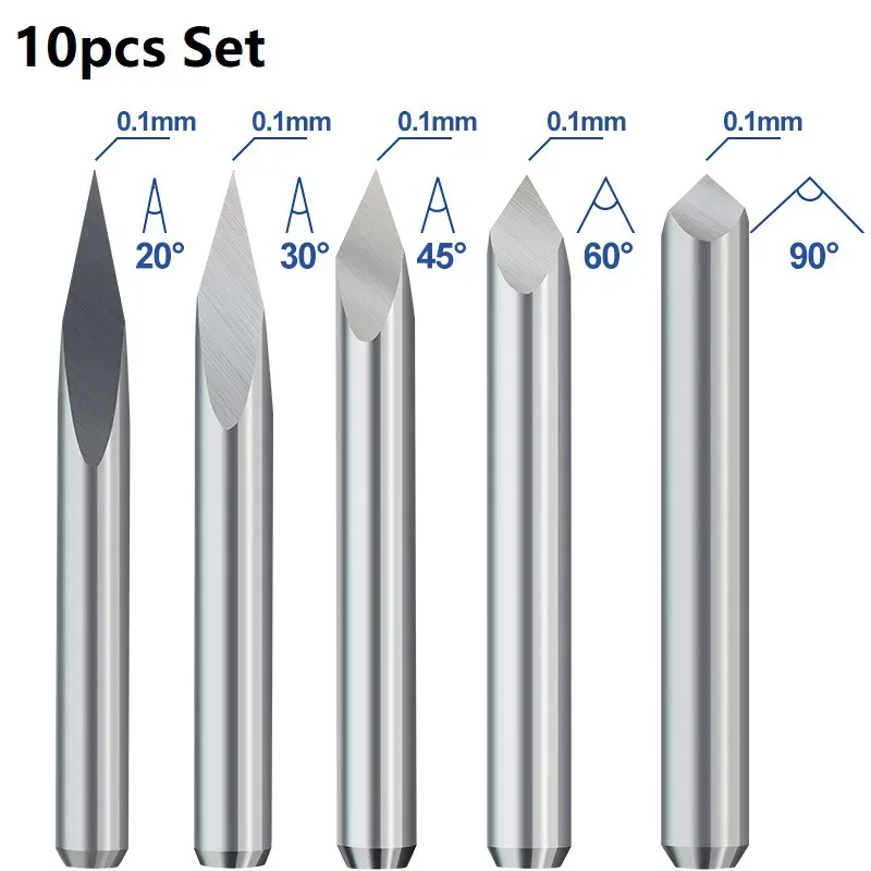 10 pçs cnc gravura bit 3 borda pirâmide gravura bits 3.175mm haste 20-90d carboneto final millcnc roteador bit fresa