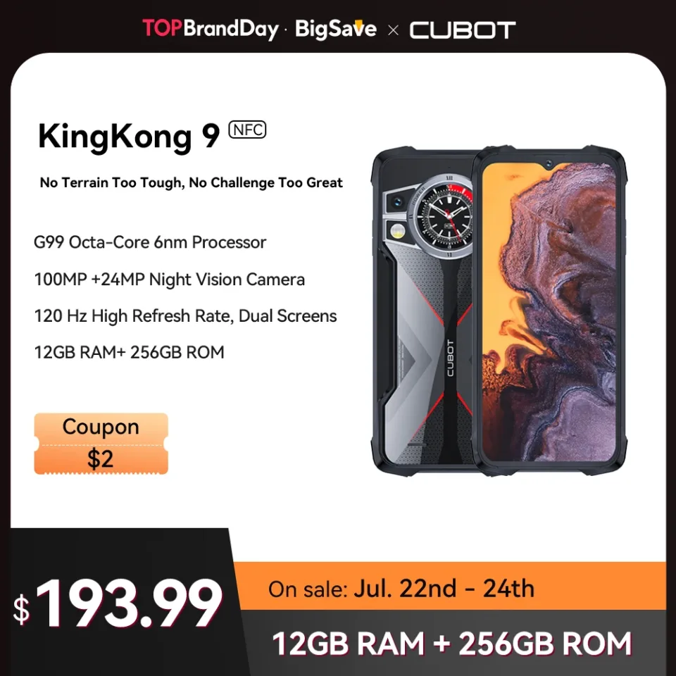 Cubot KingKong 9, Helio G99, tela FHD+ de 120Hz e 6,583", 24GB de RAM (12GB + 12GB estendidos), 256GB de ROM, IP68 Waterproof rugged,câmera de 100MP, Câmera selfie de 32MP, bateria de 10600mAh, NFC, 4G Dual SIM