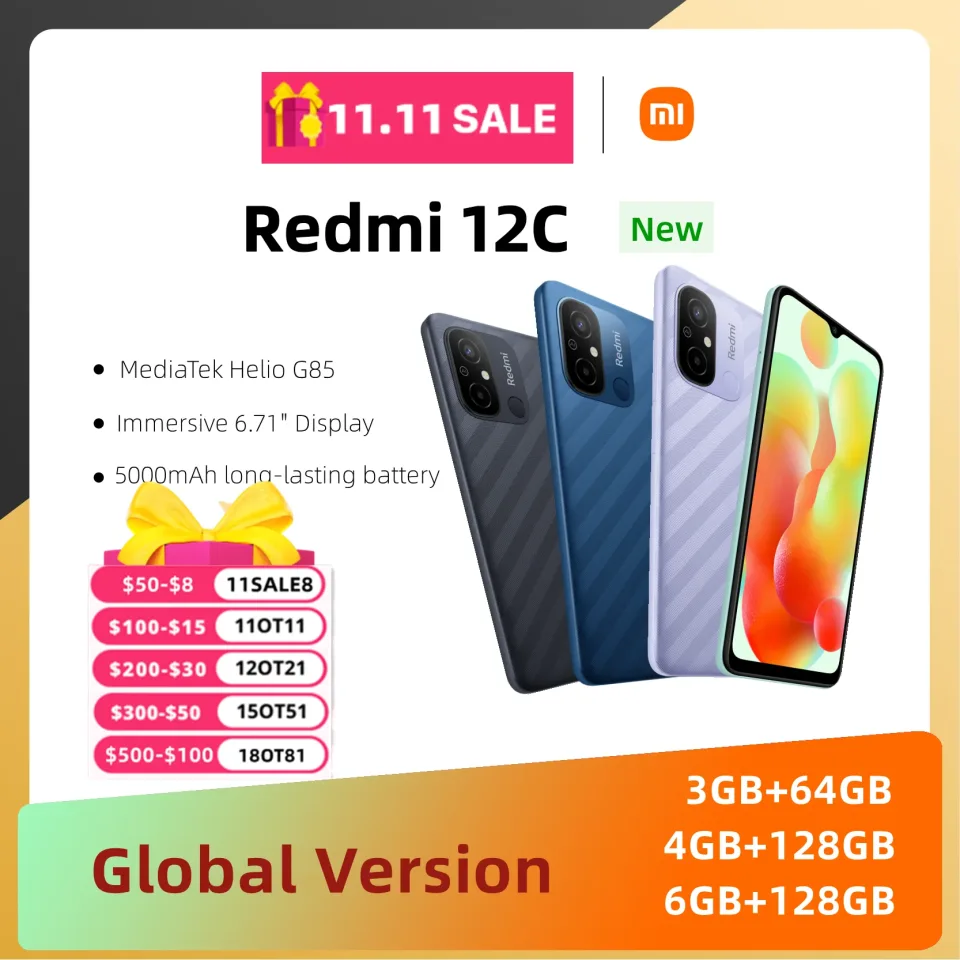 Estreia mundial Xiaomi Redmi 12C Versão Global 64GB 128GB MediaTek Helio G85 6.71 "Display 50MP Câmera 5000mAh