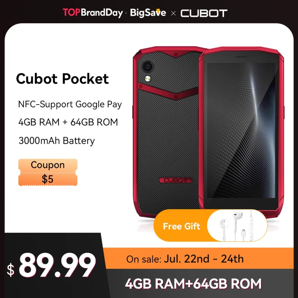 Cubot Pocket, Android, NFC, 4 GB RAM, 64 GB ROM, Extensão 128 GB, 4 Polegada Mini Tela, 3000mAh, Face ID, 4G Dual SIM Dual Standby