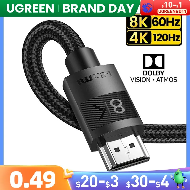 Ugreen-cabo hdmi 2.1, cabo duplicador de alta velocidade, 8k/60hz, 4k/120hz, para xiaomi mi box ps5, hdmi, dolby vision