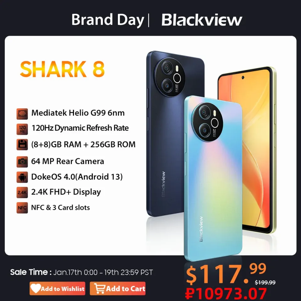 Blackview-SHARK 8 Smartphone, Celular, Celular, 6,78 ", 120Hz, 2.4K Display, 16GB, 256GB, 64MP, Android 13, G99, Estreia Mundial