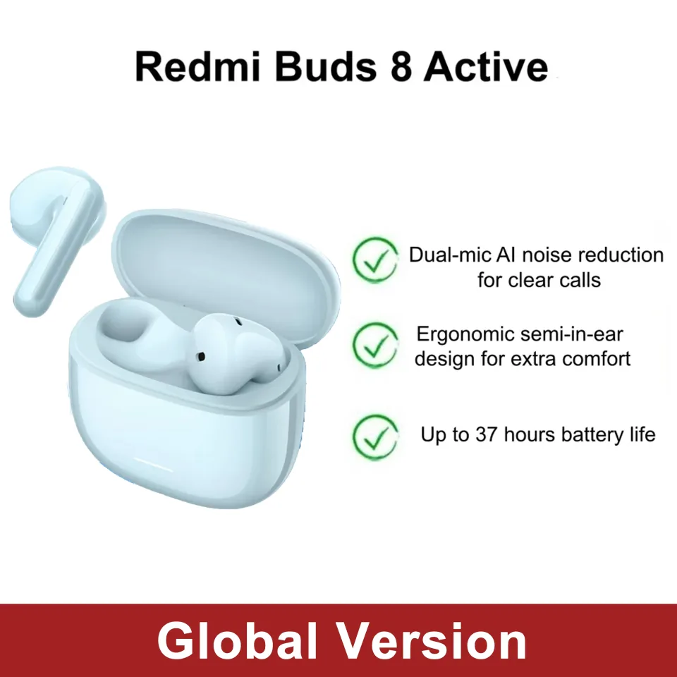 Versão Global Redmi Buds 8 Active com Redução de Ruído AI de Duplo Microfone para Chamadas, 37 Horas de Duração da Bateria, Cancelamento de Ruído do Vento a 6m/s