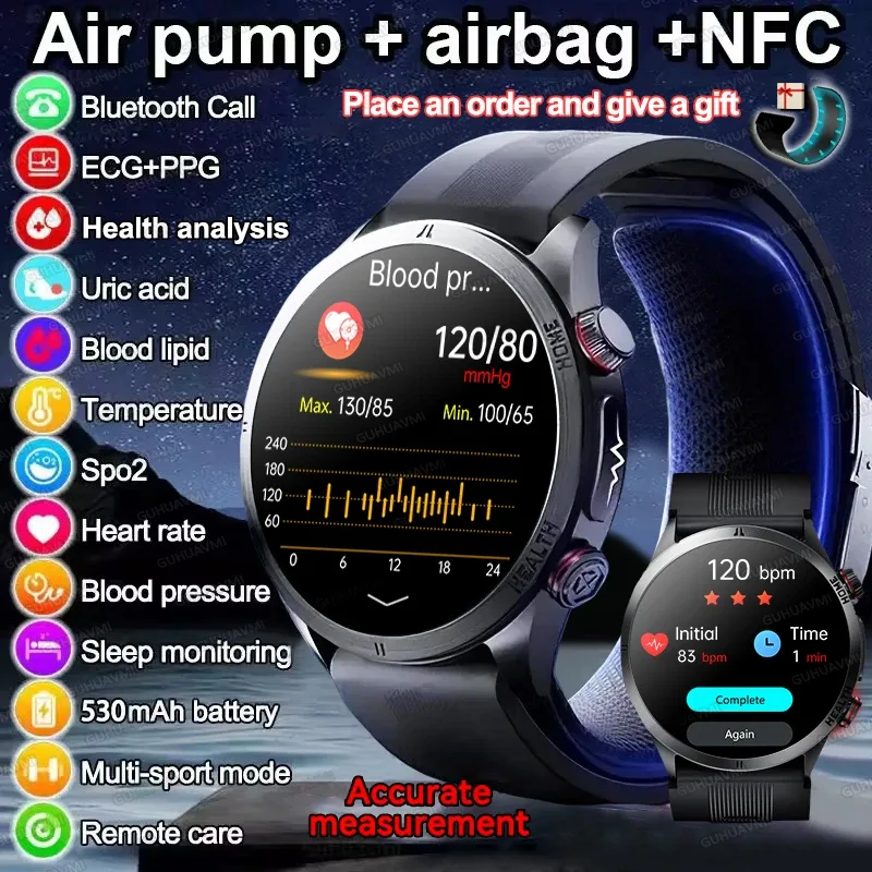 2026nova pressão arterial bomba de ar airbag medida precisa relógio inteligente masculino micro exame físico saúde ecg smartwatch caixa nfc