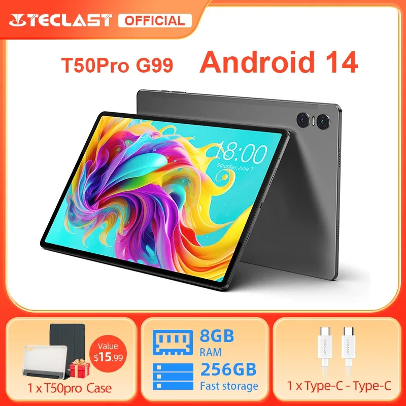 Teclast-T50 Pro Android 14 Tablet, T50 Pro, 16GB RAM, 256GB ROM, 4G LTE, 8000mAh, 18W PD, Carregamento Rápido, GPS, MTK G99, 2000x1200 IPS, 11"