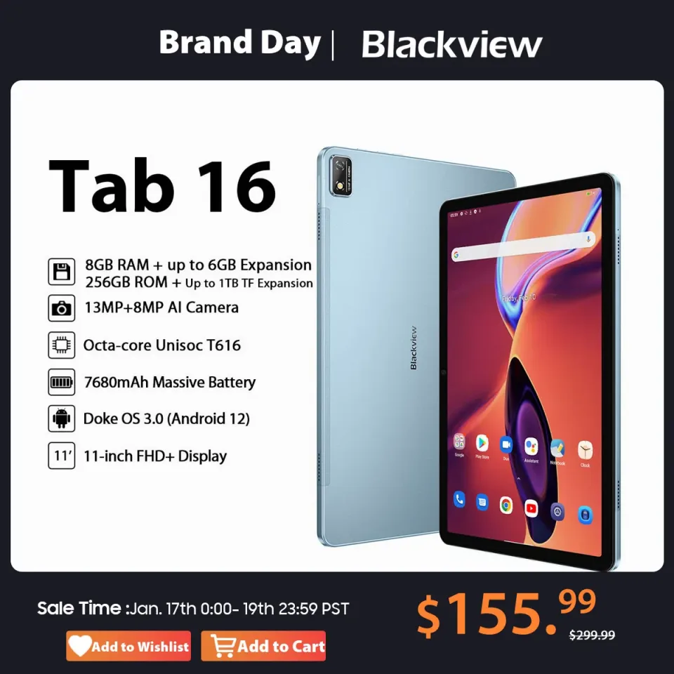 Blackview-Tab 16 Tablet Android 12, Chamada telefônica dupla 4G, 11 ", 2K FHD + Display, T616, Widevine L1, 14GB, 256GB, 7680mAh, Câmera 13MP