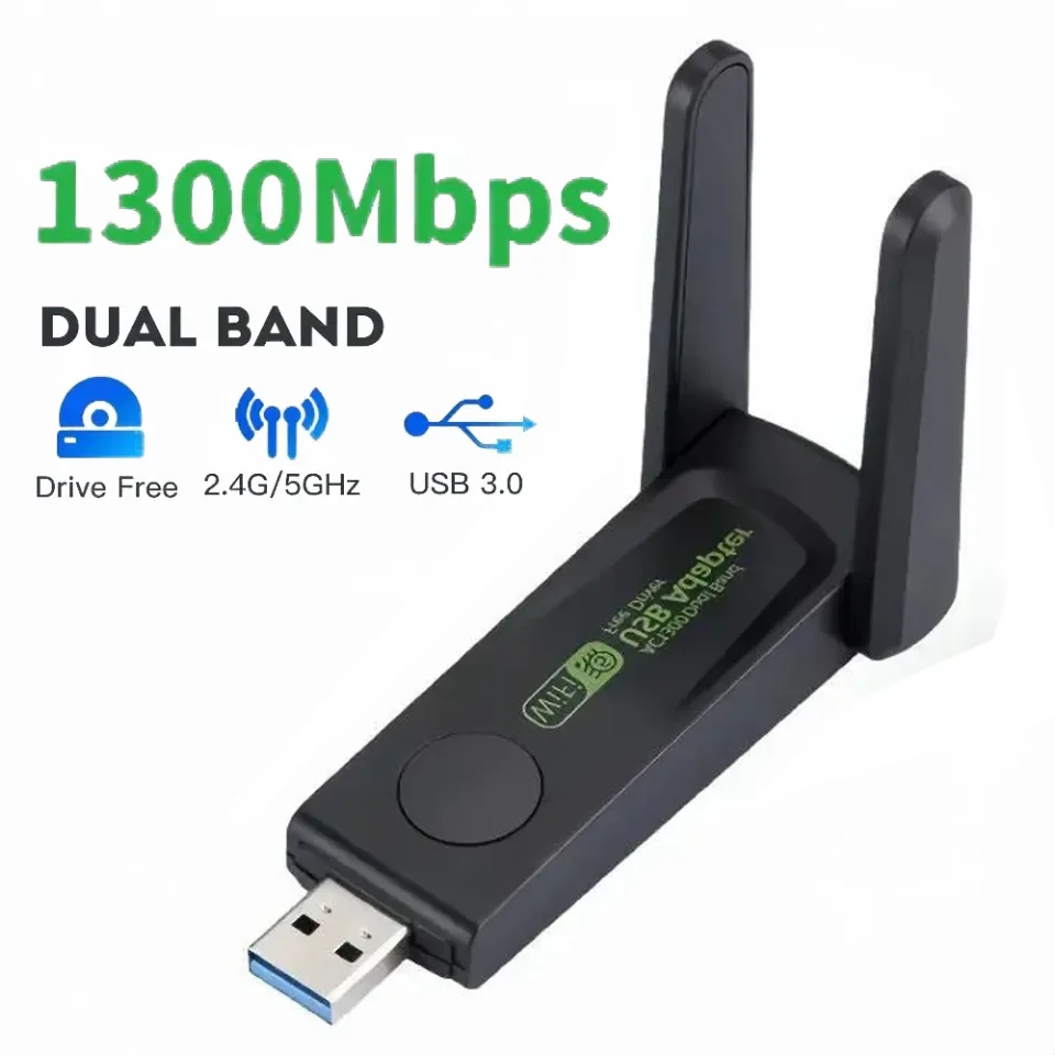 Placa de rede sem fio USB 3.0, adaptador WiFi, banda dupla, 2.4G, 5Ghz, antena Dongle, receptor Ethernet para Win 10, 11, 1300Mbps