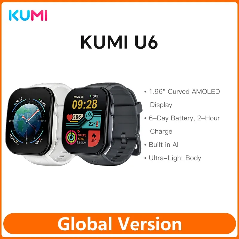Relógio Inteligente KUMI U6 1.96" AMOLED 60Hz, GPS de Banda Dupla, Assistente de Voz AI ChatGPT, Monitoramento de Frequência Cardíaca/SpO2/Sono, 100+ Esportes, 5ATM