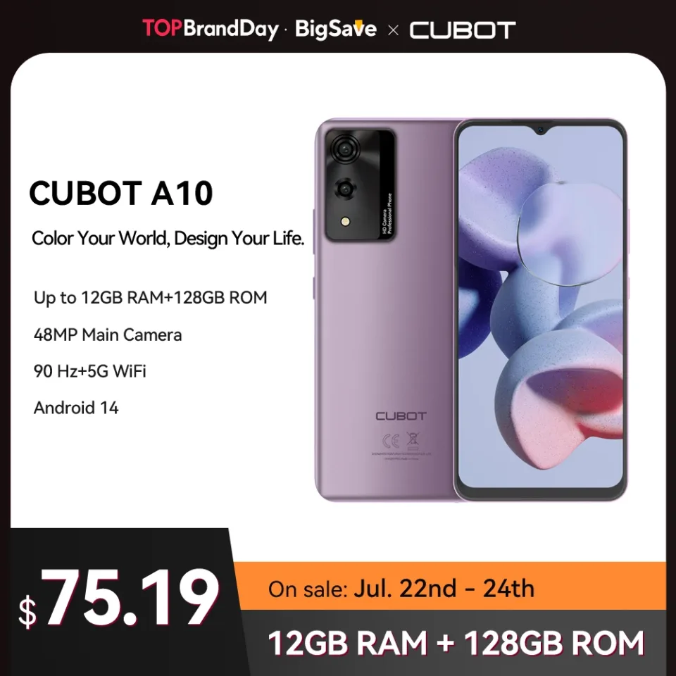 Smartphone Android Cubot A10, 12GB de RAM (4GB + 8GB estendidos), 128GB de ROM (suporte até 1TB estendido), Octa-core, tela de 6,56 polegadas de 90 Hz, 5100 mAh, 48 MP, 5G WiFi, Android 14, 4G celular