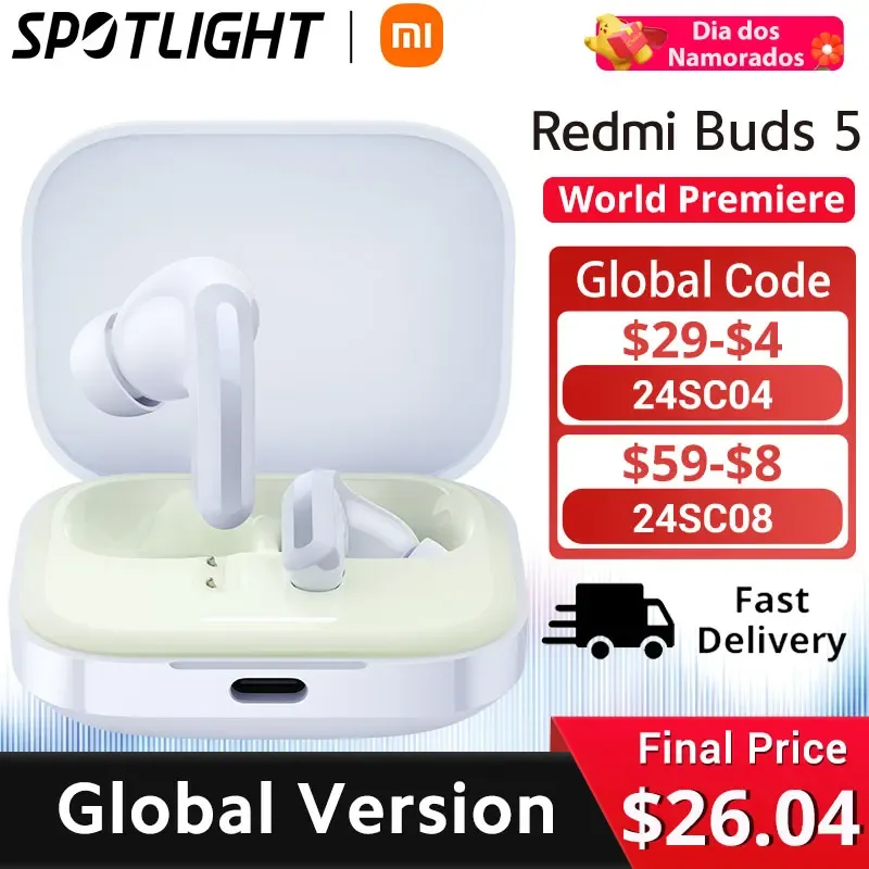 Xiaomi-Redmi Buds 5, Cancelamento de Ruído Ativo, Conexão de Dispositivo Duplo, Versão Global, Até 40 Horas, 46dB, Estreia Mundial