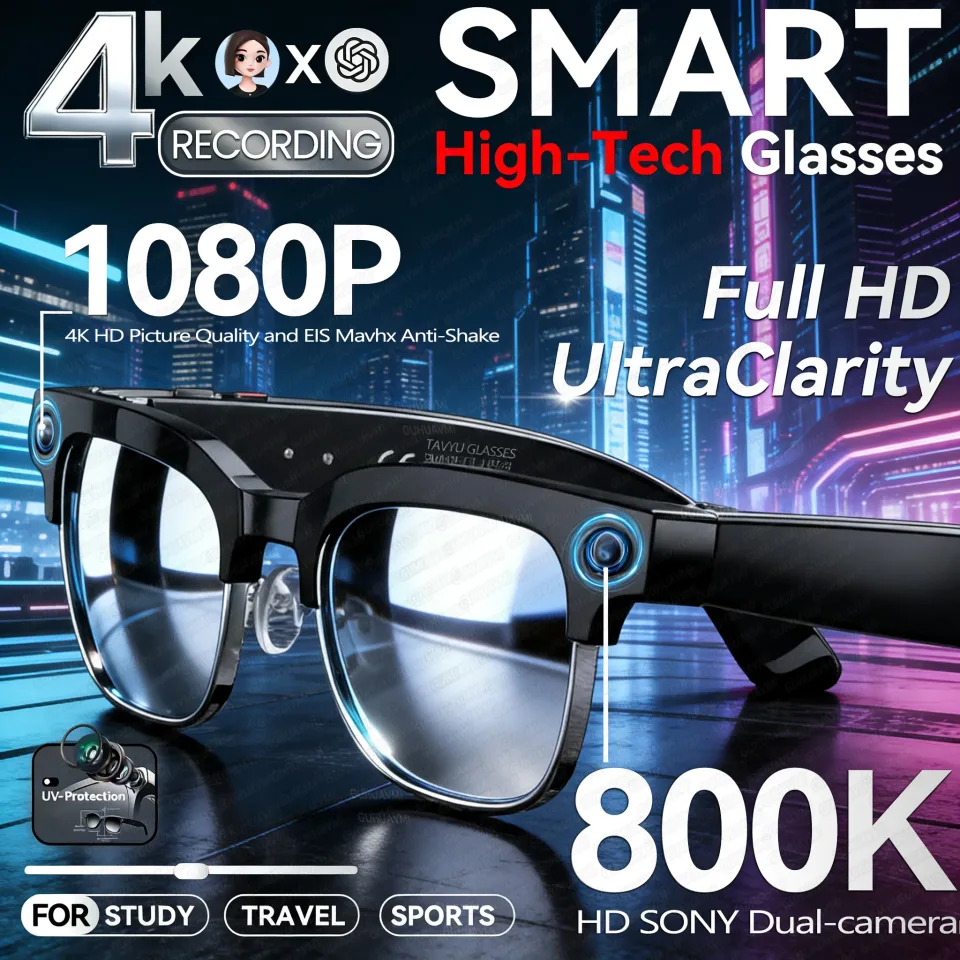 Novo 4k hd 800w câmera óculos inteligentes homem 100 + tradução de idioma 1080p tiro vídeo wifi transmissão leitor música chamada óculos