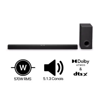 Soundbar LG S90TY – 570W RMS, Dolby Atmos, 5.1.3 Canais, DTS:X, AI Room Calibration Pro, AI Sound Pro, Sem fios, WOW Orchestra, Conexões Múltiplas - S90TY