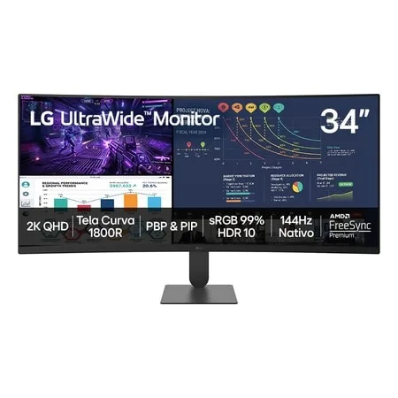 Monitor LG UltraWide™ Curvo 34U620B – Tela 34” VA QHD 2K, Curvatura 1800R, 144Hz nativo, PBP & PIP, HDR 10, sRGB99%, AMD FreeSync™ Premium, HDMI2.0 2x, DisplayPort1.4, Saída para fone de ouvido - 34U620B-B