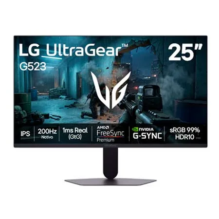 Monitor LG UltraGear™ 25G523B - 200Hz Nativo, Tela IPS 25”, 1ms real (GtG), NVIDIA G-SYNC, AMD FreeSync Premium™, HDR10, sRGB 99%, HDMI, DisplayPort, Saída para fone de ouvido - 25G523B-B