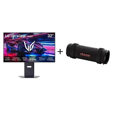Combo Monitor LG UltraGear™ OLED 32GX850A GX8 4K UHD de 32” + Caixa de Som Bluetooth LG xboom Grab by will.i.am - East LA - 32GX850.GRAB