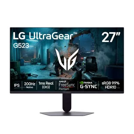 Monitor LG UltraGear™ 27G523B - 200Hz Nativo, Tela IPS 27”, 1ms real (GtG), NVIDIA G-SYNC, AMD FreeSync Premium™, HDR10, sRGB 99%, HDMI, DisplayPort, Saída para fone de ouvido - 27G523B-B