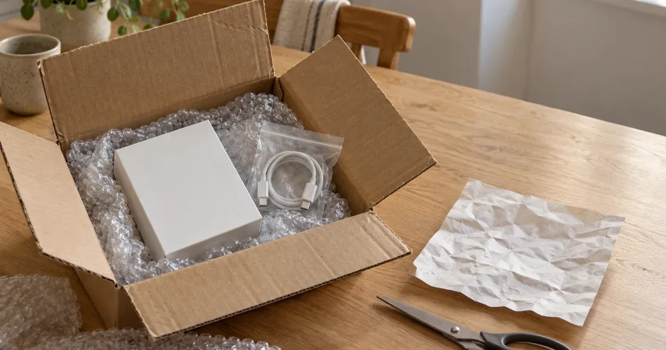Caixa de papelão aberta sobre uma mesa de cozinha, com plástico-bolha, uma caixinha branca, um cabo USB-C em um saquinho, uma folha amassada e uma tesoura.