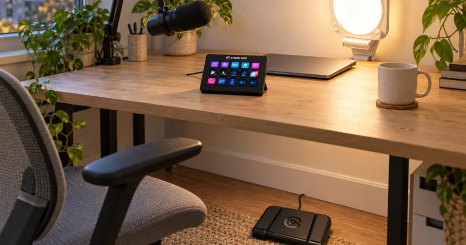 Estúdio de criador de conteúdo com o Stream Deck MK.2 preto sobre a mesa, o Key Light Neo branco aceso ao fundo e o Stream Deck Pedal no chão, sob a mesa.