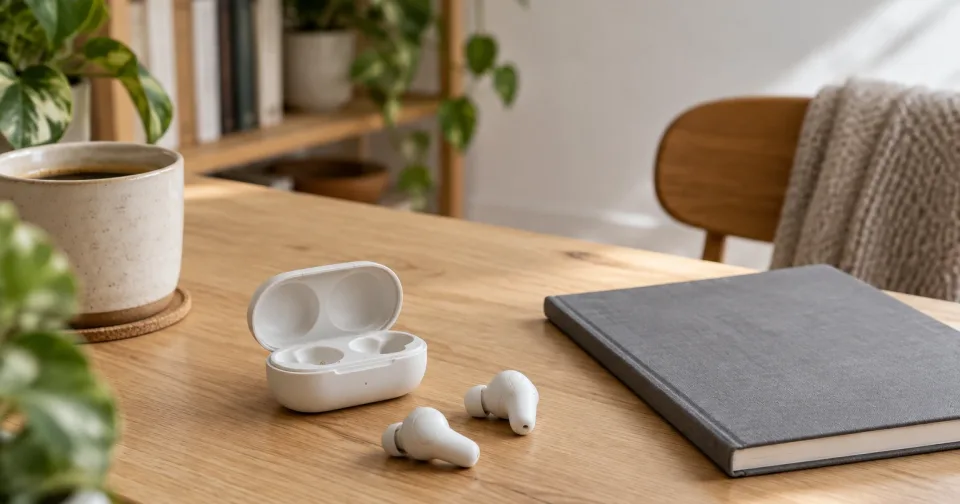 Fones sem fio brancos e o estojo de carregamento sobre uma mesa de madeira, ao lado de um caderno cinza e uma xícara.