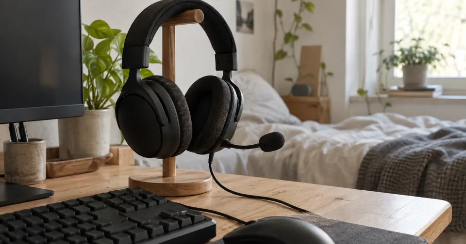 Headset preto com haste de microfone num suporte de madeira, ao lado de teclado e mouse pretos sobre uma mesa de quarto.