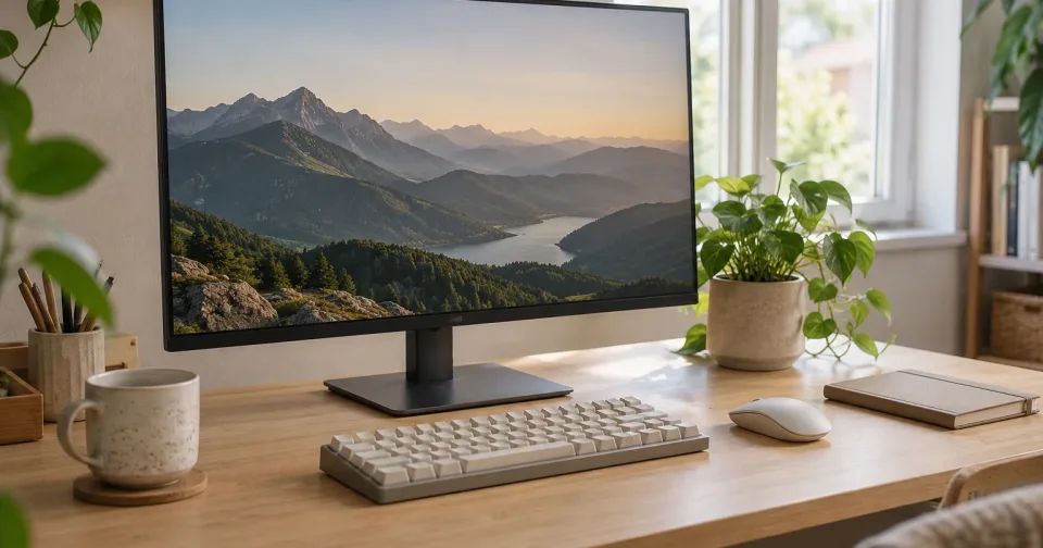 Monitor largo sobre uma mesa de madeira, com teclado branco, mouse, caderno e uma planta, perto de uma janela.