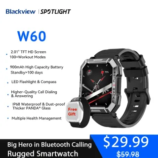 Blackview Smart Watch com Iluminação de Emergência, Chamada Bluetooth, Display HD, TFT, Robusto, Ao Ar Livre, Novo, 2.01 ", W60, 2024