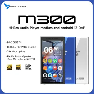 HiBy Digital M300 Android 13 Reprodutor de Música MP3 Áudio HiFi Bluetooth WiFi USB DAC DSD Rádio FM Microfone Duplo Alto-falante Integrado IPS 29h de Bateria