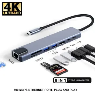 Adaptador de Hub USB Tipo C para Macbook, 8 em 1, 8 em 1, 3, 1 a 4k, HDMI, Sd, Tf, RJ45, Leitor de Cartão, Pd, Carregamento Rápido, notebook, computador
