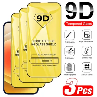 Protetor de Tela de Vidro Temperado, 9D, iPhone 11 Pro Max, 12, 13 Mini, 15, 14 Plus, XS, X, XR, 7Plus, 8, 3 peças