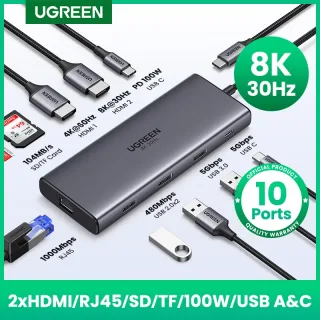 UGREENDual HDMI USB Hub 8K Adaptador HDMI 10 em 1 divisor com RJ45 USB 3.0 PD 100W Dock para MacBook Pro Air M2 M1 USB C Hub C Hub C Hub