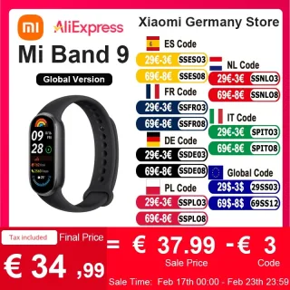 Xiaomi-Mi Band 9 Versão Global, Display AMOLED, autonomia da bateria de 21 dias, monitoramento do sono, mais de 150 modos esportivos, 1.62"