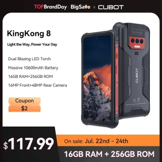 Cubot-KingKong 8 impermeável robusto Android 13 Smartphone, Octa-Core, 12GB de RAM, 6GB, 6GB, 6GB, 256GB ROM, 10600mAh, Câmera 48MP, NFC, IP68