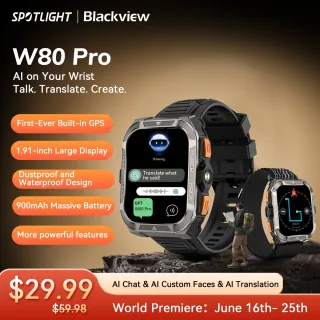[Estreia mundial] Blackview W80 PRO Relógio inteligente robusto para exterior, smartwatch de posição GPS, display de 1,91 '', 900mAh com lanterna