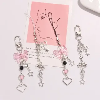 Chaveiro Goth Y2K para Mulheres e Meninas, Charme do Telefone, Rosa, Arco de Prata, Coração, Estrela, Pingente, Chaveiro, Bolsa, Acessório Bonito, Jóias