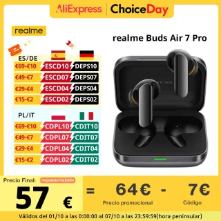 Versão global realme Buds Air 7 Pro Auscultadores sem fios 53dB com cancelamento de ruído em tempo real 11+6mm Dual-DAC Driver Al Live Translator