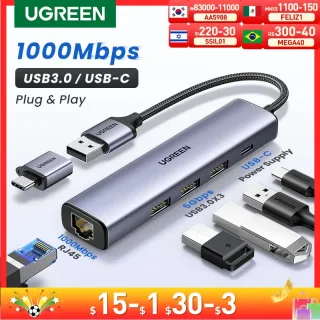 UGREEN USB Ethernet Adaptador 1000/100Mbps USB3.0/USB2.0 HUB USB para RJ45 USB Lan para Laptop PC Xiaomi Mi Box Nintendo Switch Lenovo Macbook Mac OS Windows Linux USB-C HUB Network Card Gigabit Internet Adapter